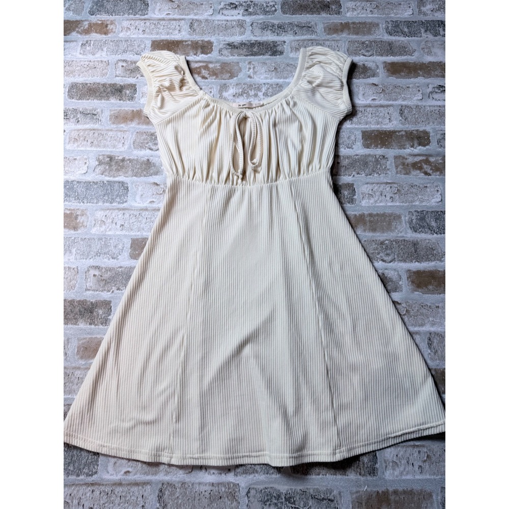Mi Ami Cream Ribbed Milkmaid Mini Dress Cap Sleeve Tie Front DOVEN 110 Small